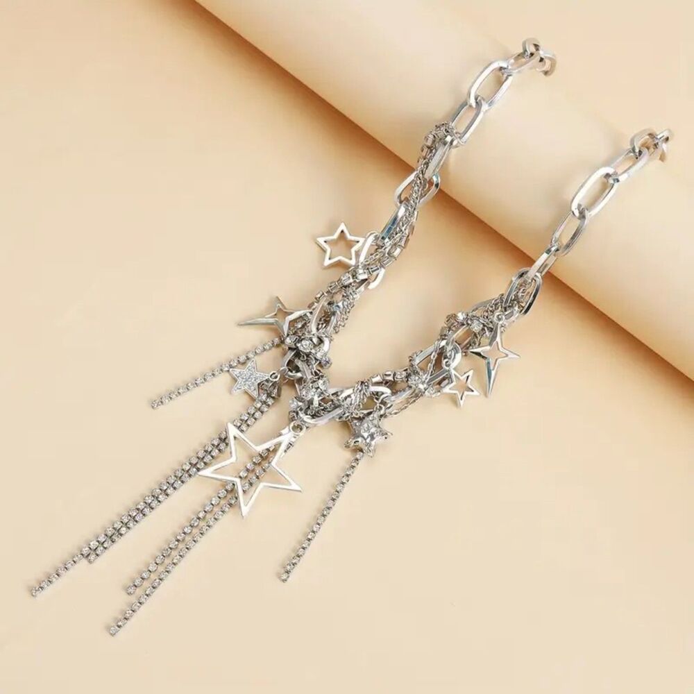 Party Festival Rave Punk Silver Star Dangle Chain Necklace with Tassel - Picture 7 of 7